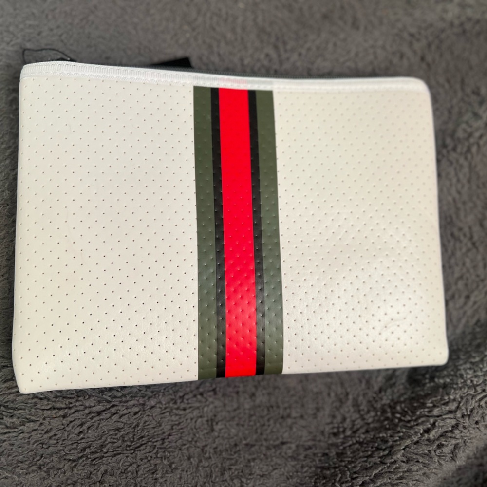 Haute Shore Neoprene Clutch bag 10x 7 inches White and Red black green stripes